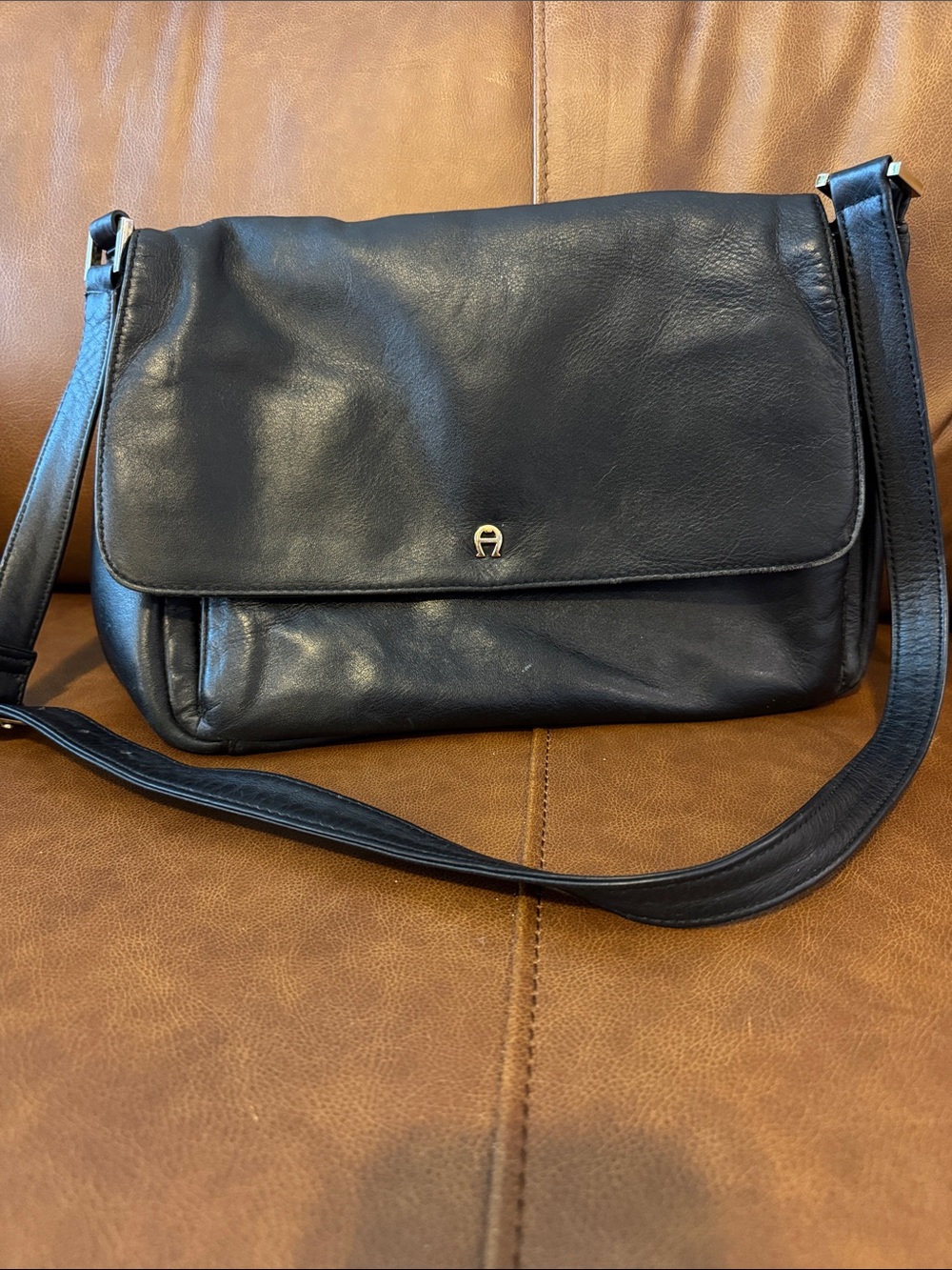 Etienne Aigner Black Genuine Leather Organizer Messenger Crossbody Bag